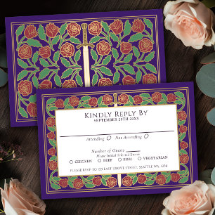 Purple Gold Floral Sword Royal Wedding RSVP Card