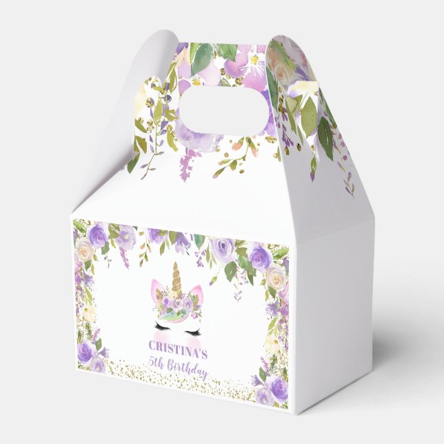 Purple Gold Floral Unicorn Birthday Favour Box (Front Side)