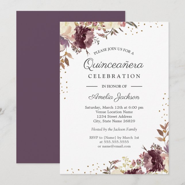 Purple Gold Floral Watercolor Quinceanera Invite (Front/Back)