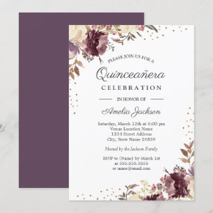 Purple Gold Floral Watercolor Quinceanera Invite