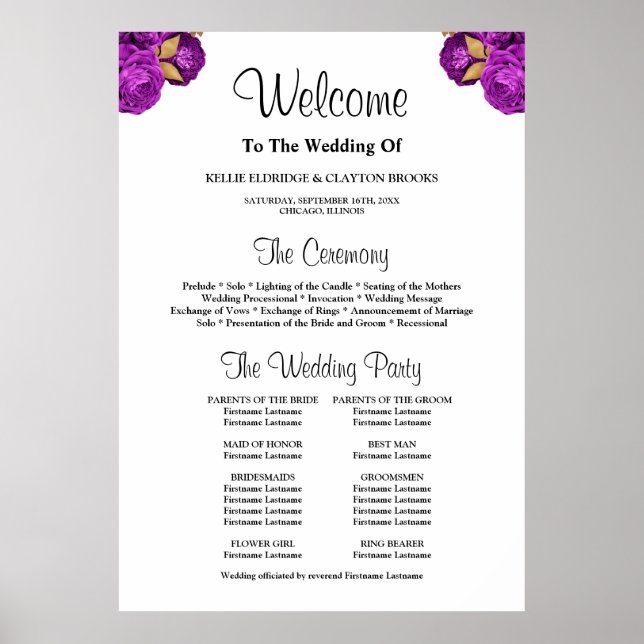 Purple/Gold Floral Wedding Ceremony Program Sign (Front)