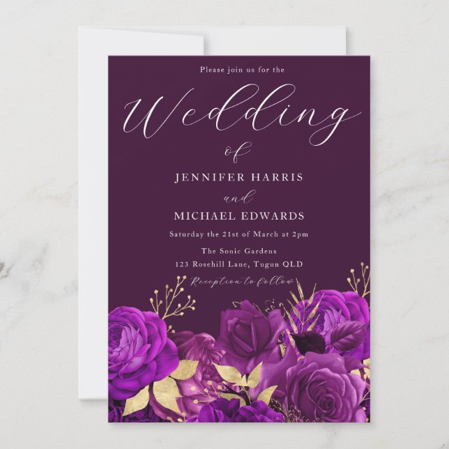 Purple & Gold Floral Wedding Invitation (Front)