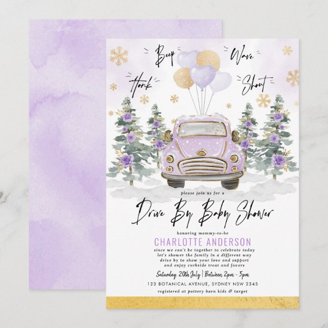 Purple Gold Floral Winter Drive By Baby Shower Invitation (Front/Back)