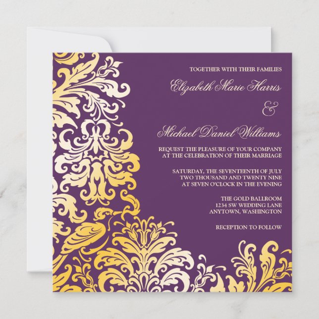 Purple Gold Flourish Damask Wedding Invitations (Front)