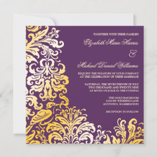 Purple Gold Flourish Damask Wedding Invitations