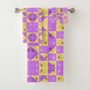 Purple gold Flower seamless Checkerboard pattern Bath Towel Set