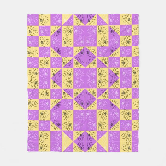 Purple gold Flower seamless Checkerboard pattern Fleece Blanket (Front)