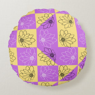 Purple gold Flower seamless Checkerboard pattern Round Cushion