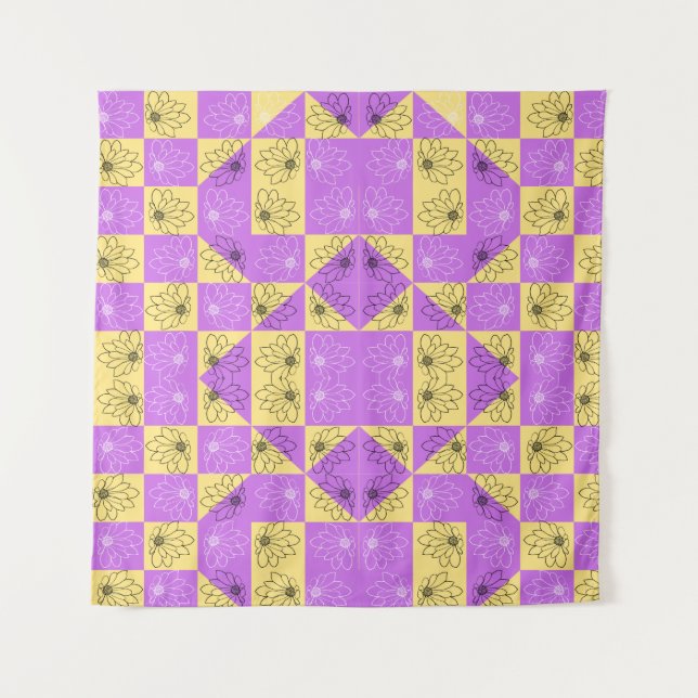 Purple gold Flower seamless Checkerboard pattern Tapestry (Front)