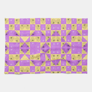 Purple gold Flower seamless Checkerboard pattern Tea Towel