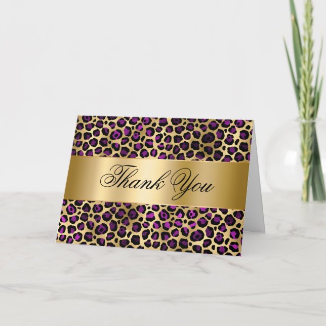 Purple Gold Foil and Black Leopard Glam Thank You Card (Front)