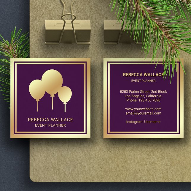 Purple Gold Foil Balloons Party Event Planner Square Business Card (Creator Uploaded)