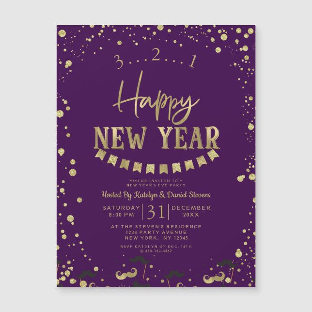 Purple & Gold Foil Confetti New Year's Eve Party (Front)