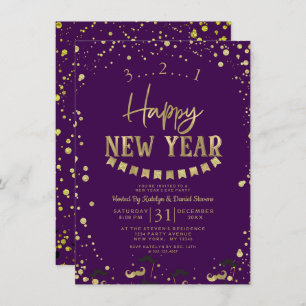 Purple & Gold Foil Confetti New Year's Eve Party Invitation