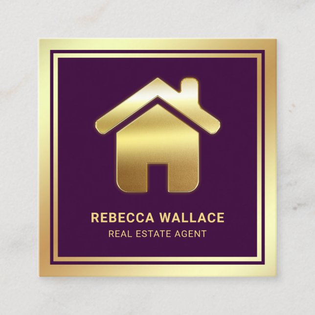 Purple Gold Foil Home Logo Real Estate Agent Square Business Card (Front)