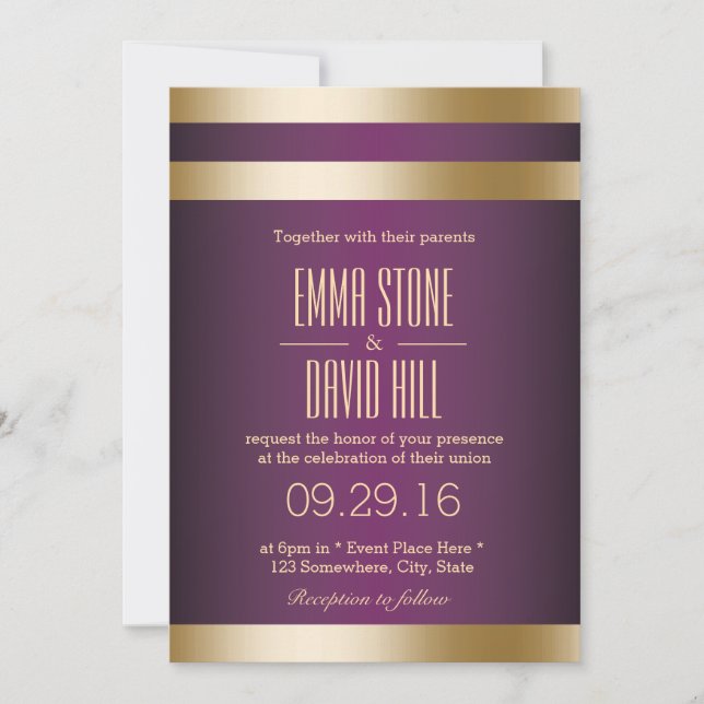 Purple & Gold Foil Stripes Modern Wedding Invitation (Front)