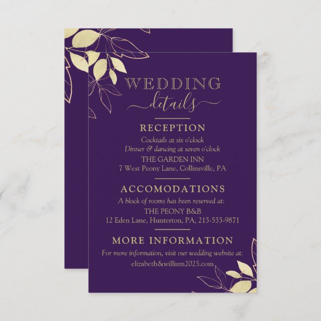 Purple & Gold Foliage Modern Botanical Wedding Enclosure Card (Front/Back)