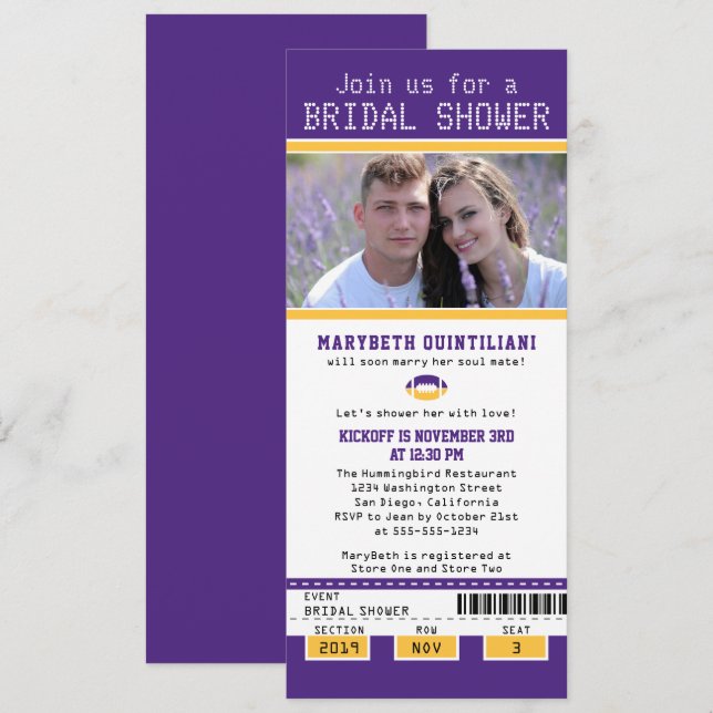 Purple Gold Football Ticket Bridal Shower Invitation (Front/Back)