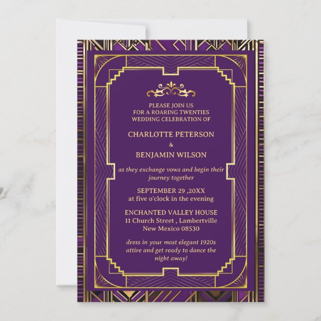 Purple & Gold Gatsby Art Deco  1920s Wedding  Invitation (Front)