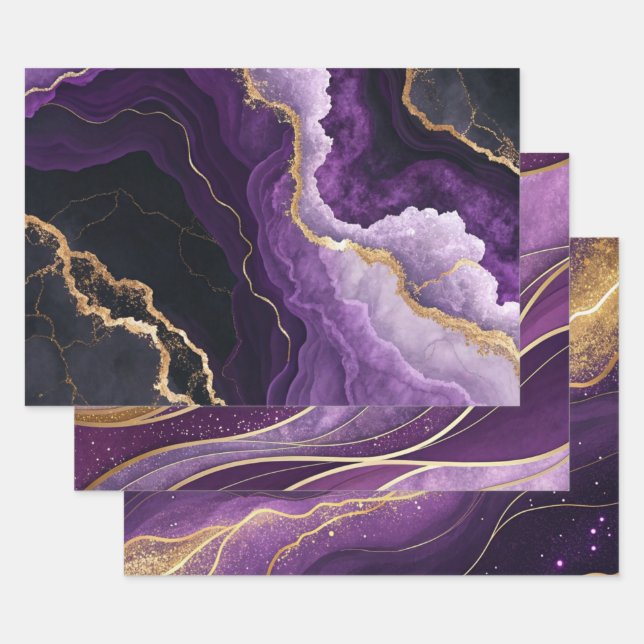 Purple Gold Geode Marble Glitter Abstract Design Wrapping Paper Sheet (Set)