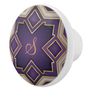 Purple Gold Geometric Monogram Art Design Ceramic Knob