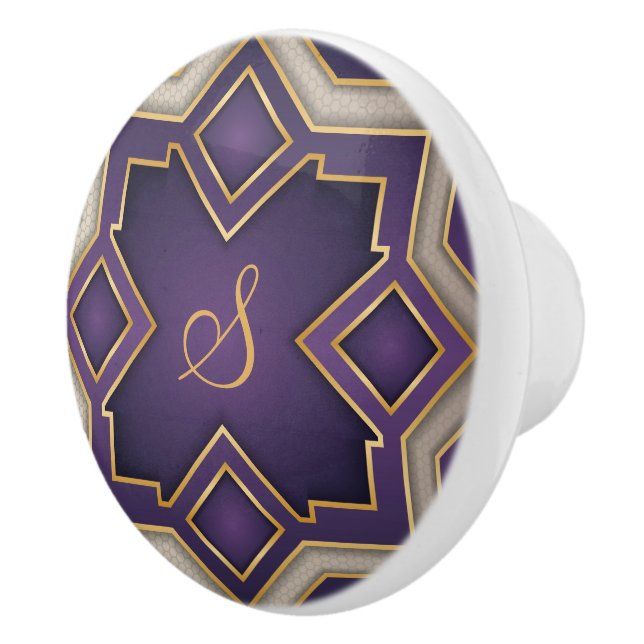 Purple Gold Geometric Monogram Art Design Ceramic Knob (Right)