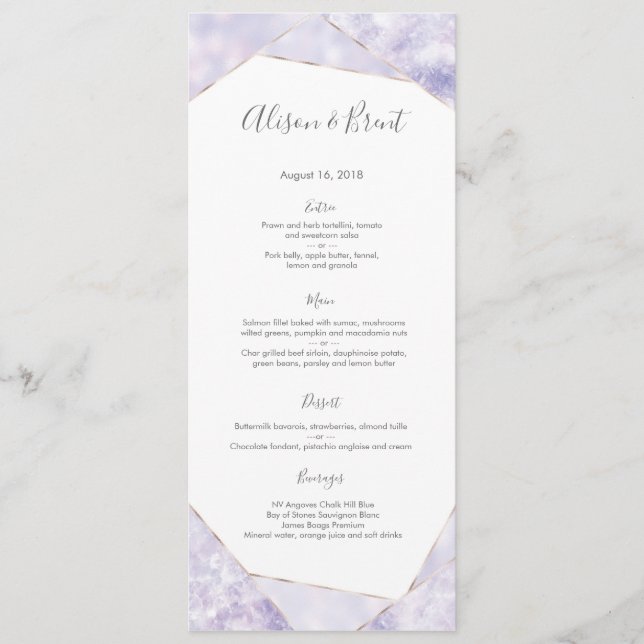 Purple gold geometric Wedding Menu or Program Card (Front)