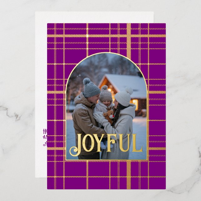 Purple & Gold Gingham Christmas Holiday Photo (Front/Back)