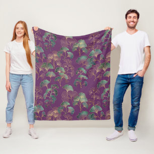 Purple Gold Ginkgo Japanese Botanical Pattern Fleece Blanket