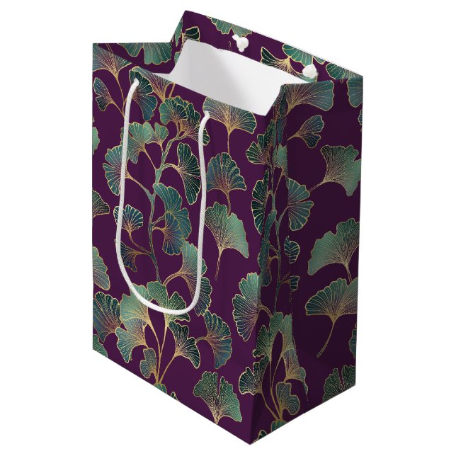 Purple Gold Ginkgo Japanese Botanical Pattern Medium Gift Bag (Front Angled)