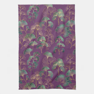 Purple Gold Ginkgo Japanese Botanical Pattern Tea Towel