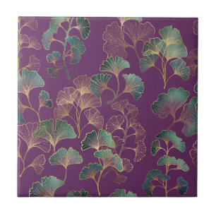 Purple Gold Ginkgo Japanese Botanical Pattern Tile