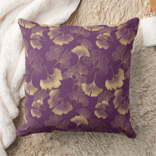 Purple Gold Ginkgo Leaves Elegant Botanical Cushion