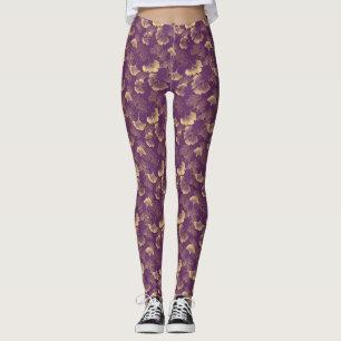 Purple Gold Ginkgo Leaves Elegant Botanical Leggings