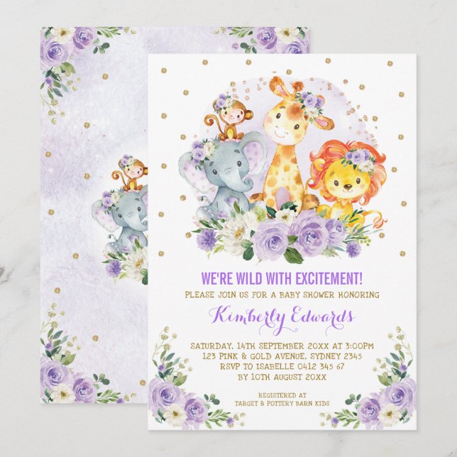 Purple Gold Girl Jungle Safari Baby Shower Invitation (Front/Back)