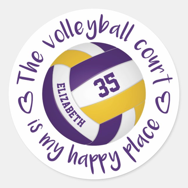 purple gold girls volleyball court my happy place classic round sticker (Front)