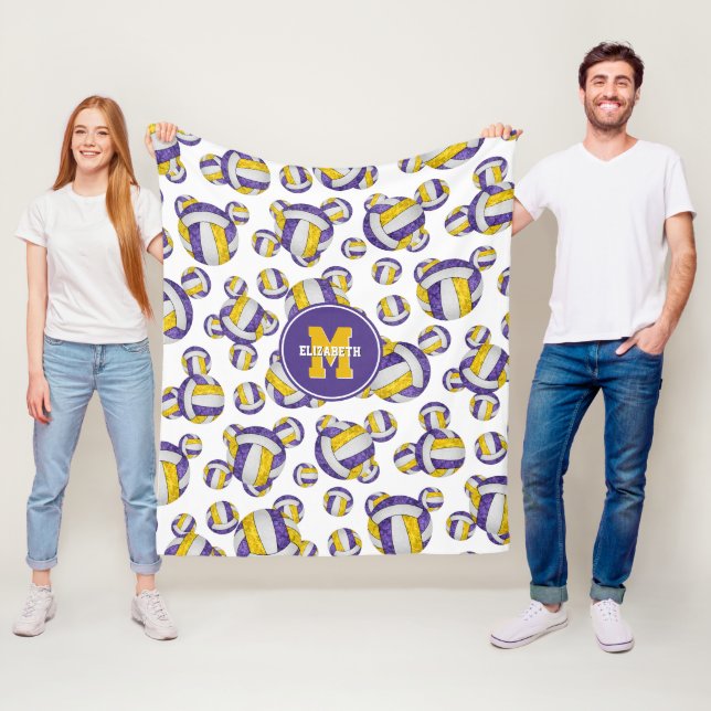 purple gold girls volleyball team colours monogram fleece blanket (In Situ)