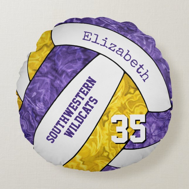 purple gold girls volleyball team keepsake round cushion (Front)