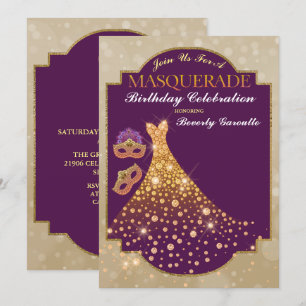 Purple Gold Glam Birthday Masquerade Invitation