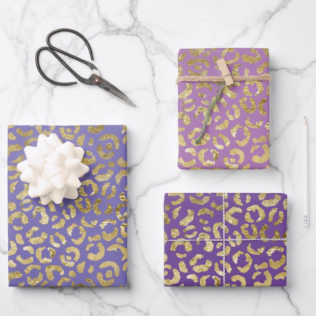 Purple Gold Glam Leopard Print Wrapping Paper Sheet (Front)