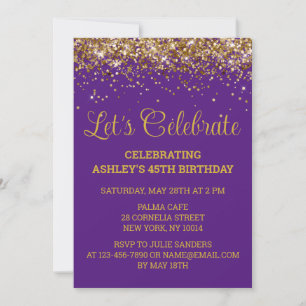 Purple Gold Glitter 45th Birthday Let's Celebrate Invitation