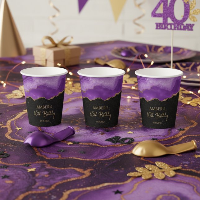 Purple Gold Glitter Abstract Watercolor Marble  Paper Cups (Creator Uploaded)