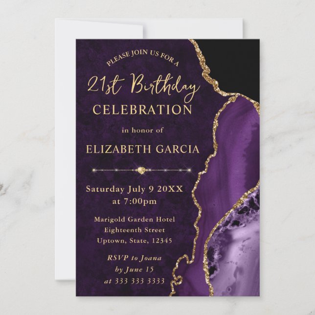 Purple & Gold Glitter Agate and marble Birthday Invitation (Front)