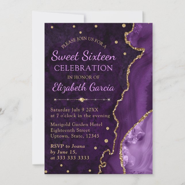 Purple & Gold Glitter Agate and marble Sweet 16  Invitation (Front)