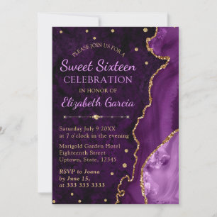 Purple & Gold Glitter Agate and marble Sweet 16 Invitation