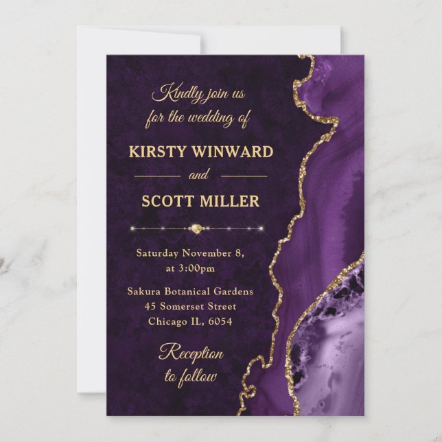Purple & Gold Glitter Agate and marble Wedding Invitation (Front)