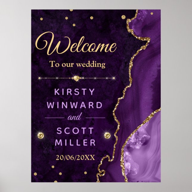 Purple & Gold Glitter Agate and marble Wedding Poster (Front)