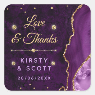 Purple & Gold Glitter Agate and marble Wedding Square Sticker