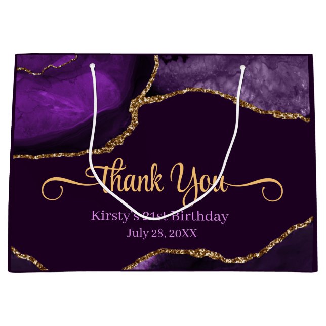 Purple & Gold Glitter Agate Birthday Thank You Large Gift Bag (Front)