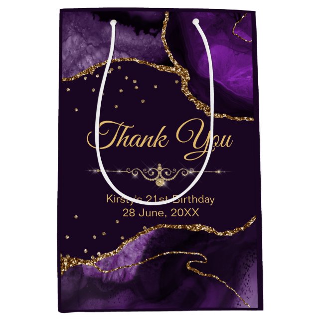 Purple & Gold Glitter Agate Birthday Thank You  Medium Gift Bag (Front)